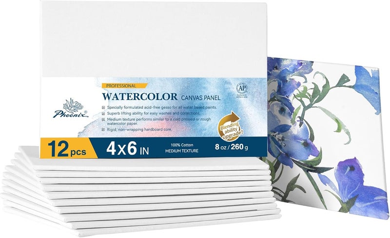 Phoenix Watercolor Canvas Boards for Painting - 4x6 Inch/12 Pack, 100% Cotton Water Color Small Canvas Panels, 8 Oz. / 260g White Blank Medium Texture Flat Canvases for Water Based Paints - Image 1